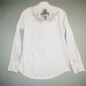 Level Ten Button Up Shirt Mens L Light Blue/Silvery Stripe with Graphic Flawed